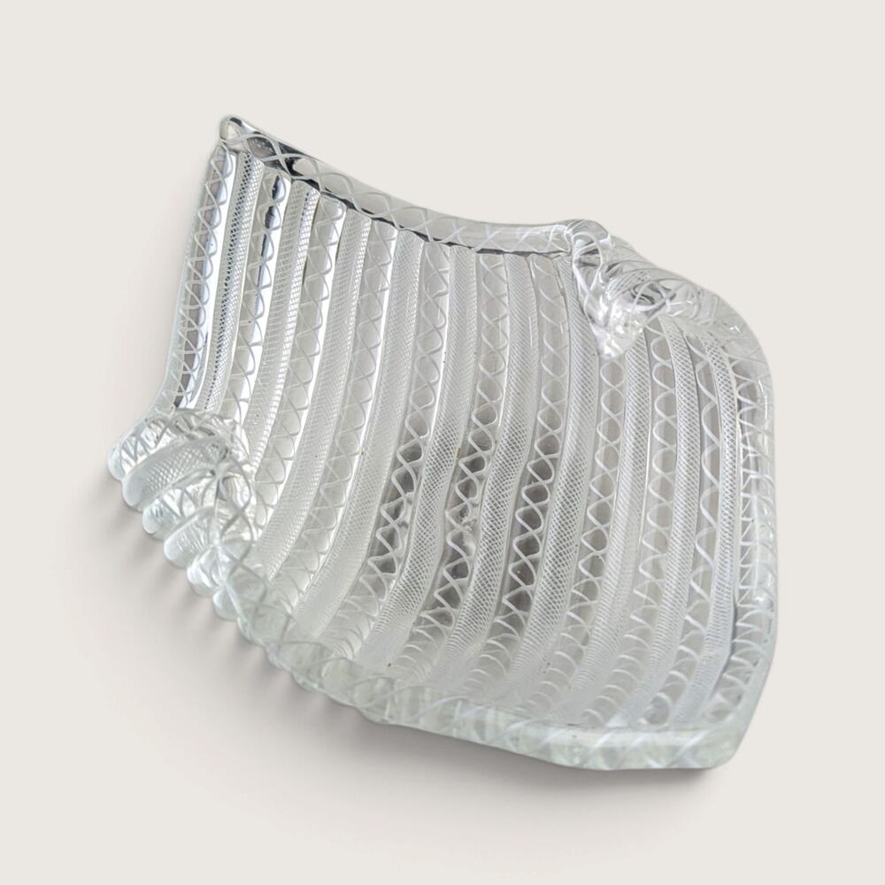 Vintage White Latticino Ribbed Handkerchief Folded Art Glass